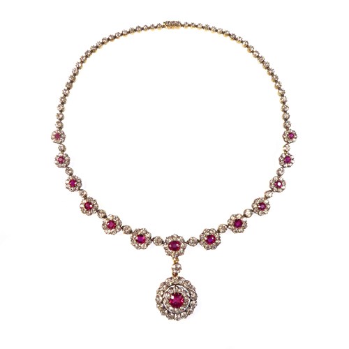 Cushion cut ruby and diamond cluster pendant necklace